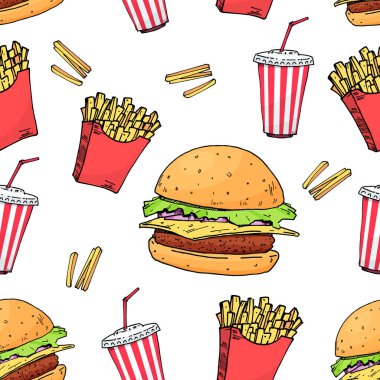 - Burger. - Kola. Patatessiz. Renkli fast food. El, elementleri arka plan sınırına çekiyor. İzole edilmiş kusursuz desen. vektör illüstrasyonu