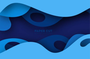 Kağıt kesiği şekilli üç boyutlu mavi arkaplan. İş sunumları, el ilanları, posterler ve davetiyeler için vektör tasarımı. Renkli oyma sanatı bip 10