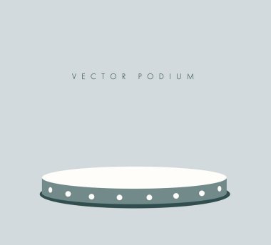 Sahne ışıklarıyla aydınlatılmış yuvarlak sahne podyumu. Ekran için boş kaide. Tasarım platformu. İzole edilmiş. Gri arka plan. Şablon. Düz dizayn. Vektör illüstrasyonu.