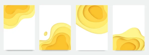 Dinamik kağıt kesim 3D poster seti. Minimalist tarzda gölgeli sarı sıvı dalgalı bir form. Kağıttan kesilmiş soyut çok katmanlı kağıt şekilleri. Pankart, sunum ve kapak için tasarım Telifsiz Stok Vektörler