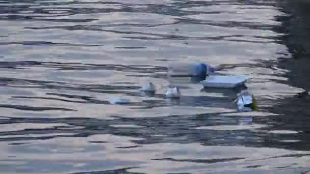 Basura Basura Flotando Superficie Del Agua Contaminación Del Agua Con — Vídeos de Stock