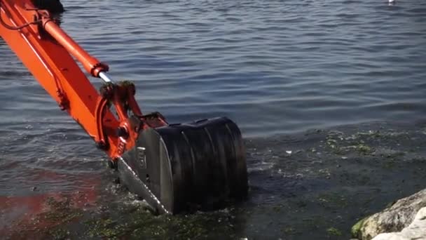 Εκσκαφείς Εργάζονται Στη Θάλασσα Αφαίρεση Ρύπανση Θαλάσσιας Συντρίμμια — Αρχείο Βίντεο