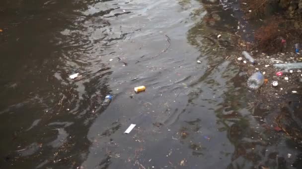 Basura Basura Flotando Superficie Del Agua Contaminación Del Agua Con — Vídeos de Stock