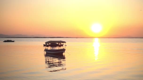 1920X1080 Fps Very Nice Fishing Boat Floating Golden Sunset Yellow — Stock Video