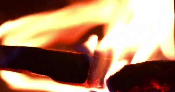 Flammen Aus Holzstücken Brennen Einem Holzofen — Stockvideo