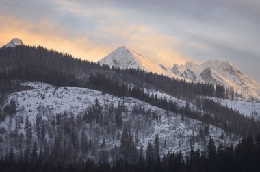 Kış dağlarında gün batımının ılık bir ışığı - Polonya 'daki Tatra dağları.