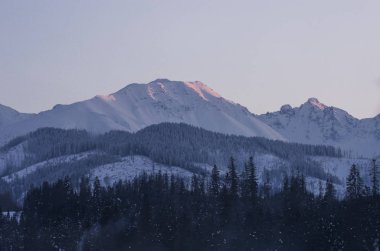 Sunset on a peak in the mountains in winter.