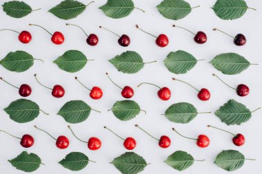 Olgun kiraz ve yaprak ile renkli parlak desen. Üstten görünüm. Olgun kiraz desenle güzel elmas taklidi