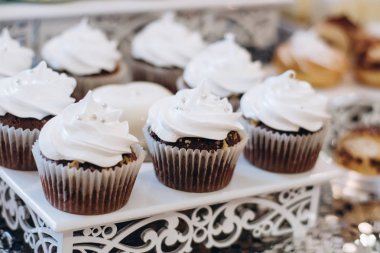 Kek, kek, şeker, şeker, açık büfe. Düğün ziyafeti alanı için tatlı masası. Kapatın. Çikolata. Madalyalı lezzetli..