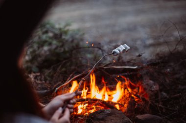 Gezgin kız fry Marshmallow ormanın içinde yanıyor. Akşam ışığı.