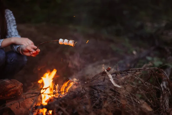 Τηγανίζουμε Κορίτσι Ταξιδιώτης Marshmallows Στην Πυρκαγιά Στο Δάσος Φως Του — Φωτογραφία Αρχείου