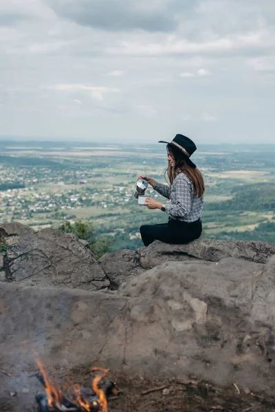 Woman Traveler Enjoying Nature Top Mountain Concept Adventure Active Vacations — Stock Photo, Image