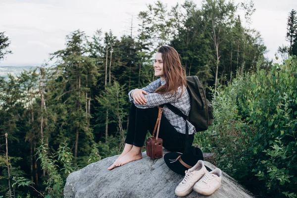 Happy Girl Traveler Sits Rock Background Nature — Stock Photo, Image