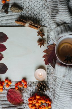 Şık düz ahşap arka plan üzerinde görünümü ekose desenli kazak ve sonbahar yaprakları çay ile yatıyordu. Sonbahar ya da kış konsepti. 