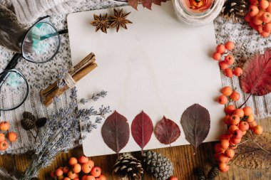 Şık düz görünüm sonbahar yaprak lay ve eşarp Kupası ahşap zemin üzerine dokulu. Sonbahar ya da kış kavramı. Metin için yer