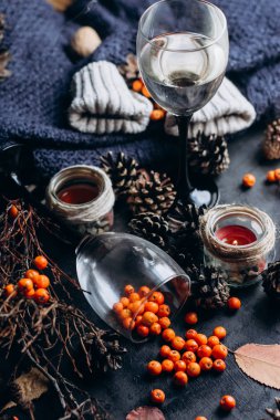  şarap gözlük, kırmızı meyveler, darbelere ve sonbahar karanlık masaya şubeleri. Sonbahar ya da kış konsepti.