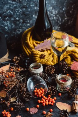  şarap gözlük, kırmızı meyveler, darbelere ve sonbahar karanlık masaya şubeleri. Sonbahar ya da kış konsepti.