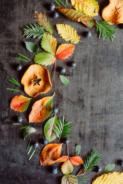 Sonbahar sonbahar düz üstten görünüm yaratıcı desen düzenleme, karanlık bir arka plan yattı