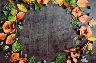 Sonbahar sonbahar düz üstten görünüm yaratıcı desen düzenleme, karanlık bir arka plan yattı