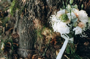 Sonbaharda yapraklar ve ağaçlar arka plan üzerinde düğün buketi