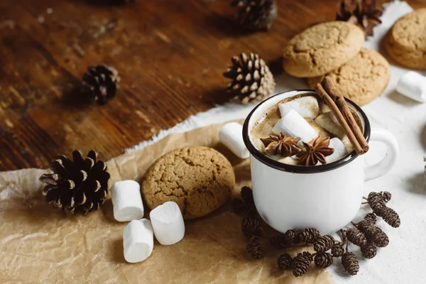 Boisson Chaude Hiver Automne Chocolat Chaud Cacao Avec Guimauve Biscuits — Photo