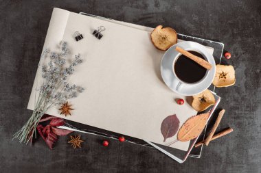 Çalışma yaprakları, defter, kahve fincanı. Şık aranjman. Sonbahar ya da kış kavramı. Düz yatıyordu, en iyi görünümü