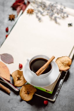 Çalışma yaprakları, defter, kahve fincanı. Şık aranjman. Sonbahar ya da kış kavramı. Düz yatıyordu, en iyi görünümü