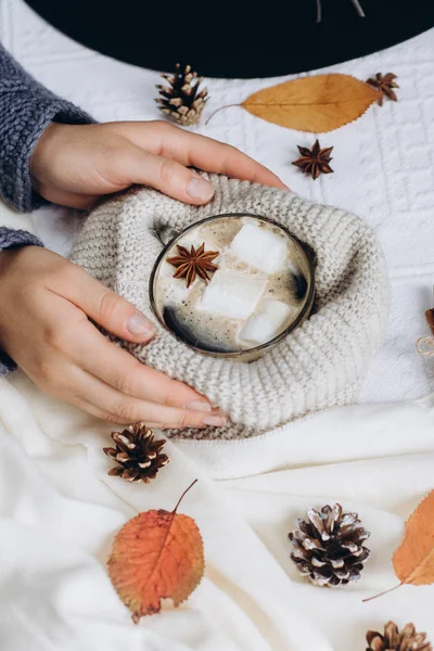 Autumn and Winter composition. Women\'s hands hold a cup with hot coffee with marshmallows, scarf, cookies,  bumps and autumn leaves. Flat lay, top view