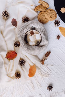 Sonbahar ve kış kompozisyon. Sıcak kahve Marshmallow, eşarp, tanımlama bilgileri, darbe ve sonbahar yaprakları ile. Düz yatıyordu, en iyi görünümü