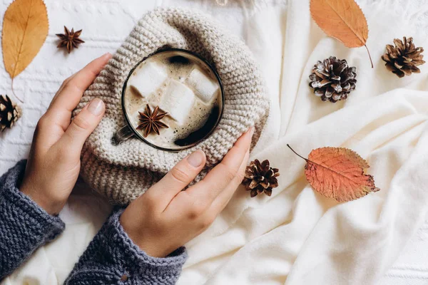 Autumn and Winter composition. Women\'s hands hold a cup with hot coffee with marshmallows, scarf, cookies,  bumps and autumn leaves. Flat lay, top view