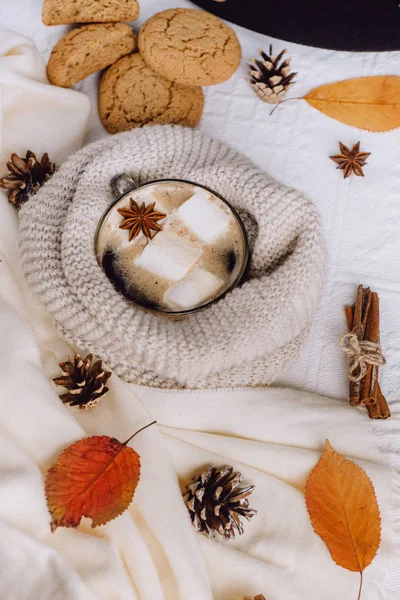 Autumn and Winter composition. Hot coffee with marshmallows, scarf, cookies, bumps and autumn leaves. Flat lay, top view