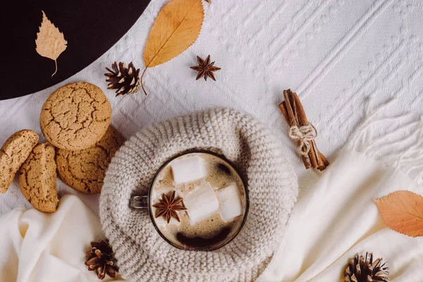 Autumn Winter Composition Hot Coffee Marshmallows Scarf Cookies Bumps Autumn — Stock Photo, Image