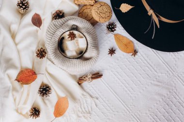 Sonbahar ve kış kompozisyon. Sıcak kahve Marshmallow, eşarp, tanımlama bilgileri, şapka, darbe ve sonbahar yaprakları ile. Düz yatıyordu, en iyi görünümü