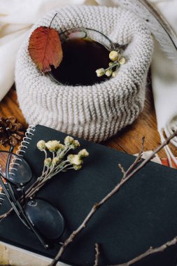 Düz yatıyordu. Dizüstü bilgisayarlar, Gözlük, eşarp, sonbahar kompozisyon bırakır ve ahşap bir arka plan üzerinde tüy