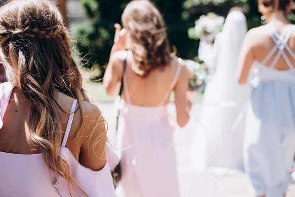 Elegant Bridesmaids Walk Outdoors — Stock Photo, Image