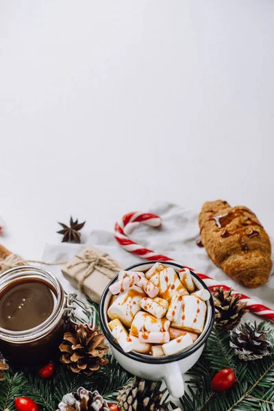 Boisson Chaude Hiver Chocolat Chaud Noël Cacao Guimauve Biscuits Sur — Photo