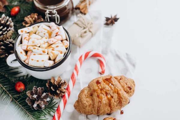 Winter Hot Drink Christmas Hot Chocolate Cocoa Marshmallow Cookies White — Stock Photo, Image