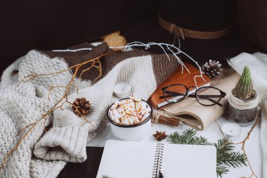 Kış düz yatıyordu. Sıcak çikolata veya kakao ile hatmi, kurabiye, defter ve tartan dokulu süveter ile beyaz arka plan üzerinde.