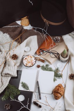 Kış düz yatıyordu. Sıcak çikolata veya kakao ile hatmi, kurabiye, defter ve tartan dokulu süveter ile beyaz arka plan üzerinde.