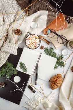 Kış düz yatıyordu. Sıcak çikolata veya kakao ile hatmi, kurabiye, defter ve tartan dokulu süveter ile beyaz arka plan üzerinde.