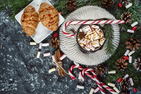 Winter Hot Drink Chocolate Cocoa Marshmallow Cookies Candy Dark Background — Stock Photo, Image