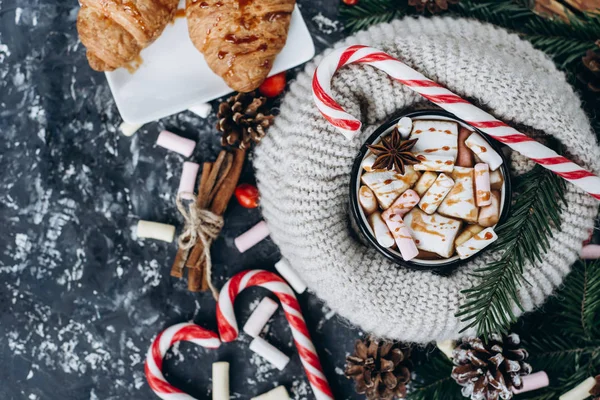 Winter Hot Drink Chocolate Cocoa Marshmallow Cookies Candy Dark Background — Stock Photo, Image