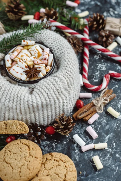 Winter Hot Drink Chocolate Cocoa Marshmallow Cookies Candy Dark Background — Stock Photo, Image