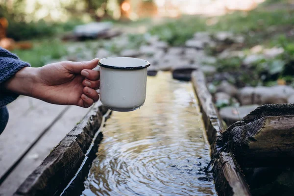 Mão Mulher Segura Uma Caneca Água Nascente Floresta — Fotografia de Stock