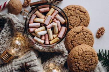 Kış sıcak içecek. Çikolata veya kakao ile hatmi, kurabiye, şeker beyaz arka plan üzerinde.