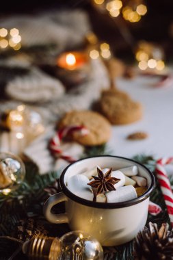 Kış sıcak içecek. Çikolata veya kakao ile hatmi, kurabiye, şeker beyaz arka plan üzerinde.