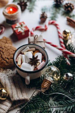 Kış sıcak içecek. Çikolata veya kakao ile hatmi, kurabiye, şeker beyaz arka plan üzerinde.