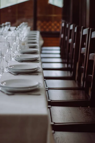 Empty glasses set in restaurant. Celebrating a wedding or other holiday