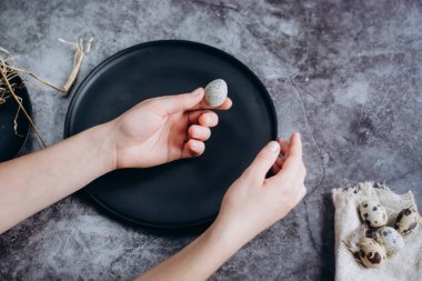 Kadın küçük çiğ Bıldırcın yumurta elele geziyor. Karanlık beton arka plan, üstten görünüm