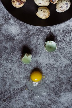 Grup Bıldırcın yumurta çimento arka plan, Paskalya kavramı, üstten görünüm  